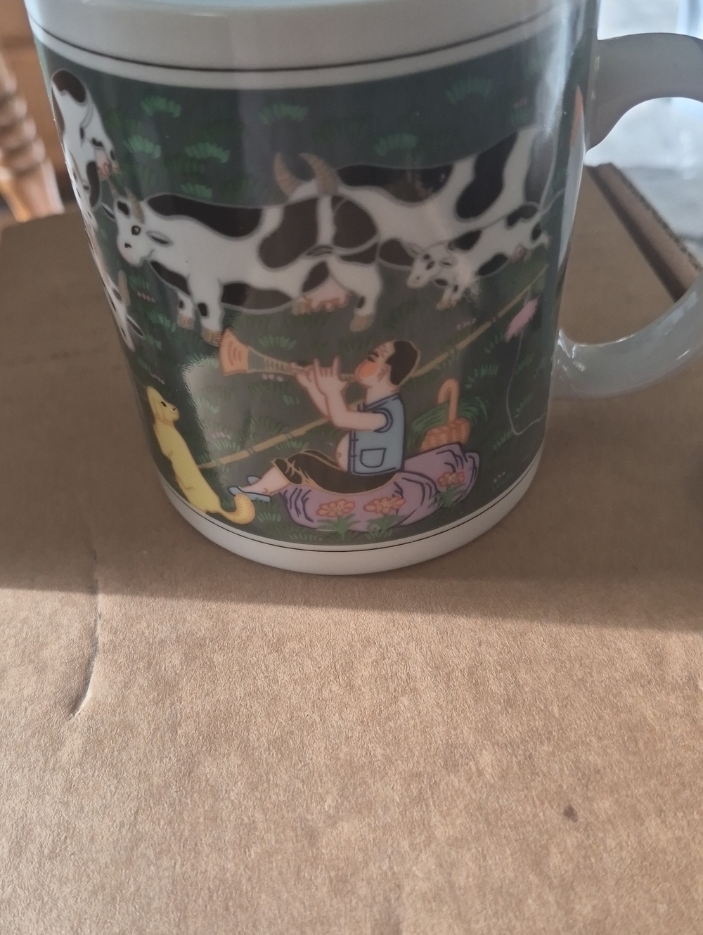 Reserved Ceramic Mug with Green Floral Medallion and Pink Accent